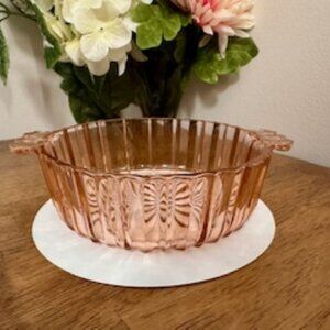 Anchor Hocking Pink Depression Glass Bowl – Vintage Handled Ribbed Dish 1930s–40
